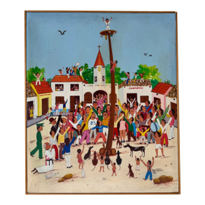 1970 Vintage Spanish Folk Carnival Oil on Canvas Painting by Fidel Fontalvo