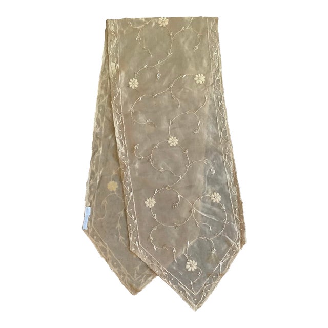 Sethi & Sethi Brass Silk Organza Embroidered Floral Vine Decorative Table Runner For Sale
