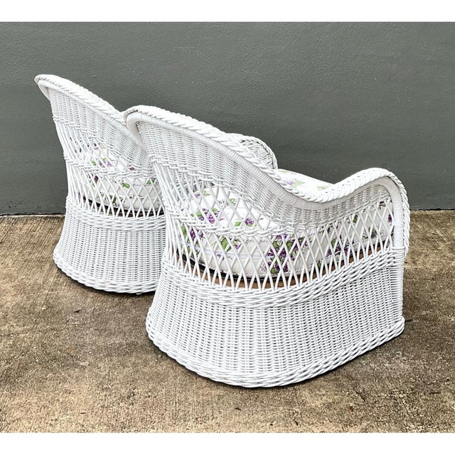 Late 20th Century Vintage Lexington Braided White Rattan Lounge Chairs - A Pair For Sale - Image 5 of 12