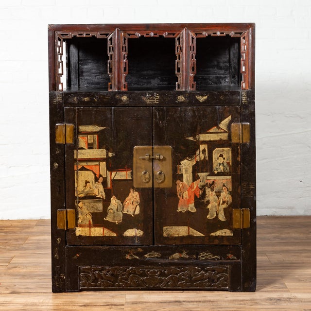 Chinese 19th century antique display cabinet with hand painted chinoiserie scene, open shelf, two doors and carved...