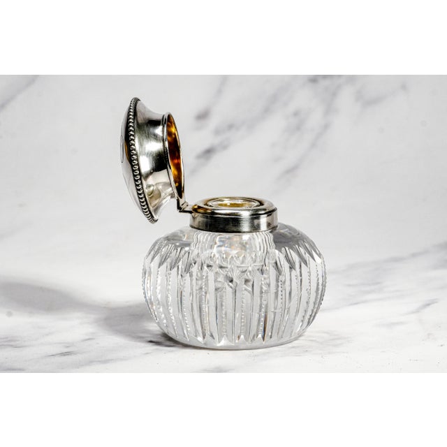 Silver Brilliant Large Antique Cut Crystal Paperweight Inkwell With Sterling Silver Lid Luxury Desk Accessory Home Decor For Sale - Image 8 of 17