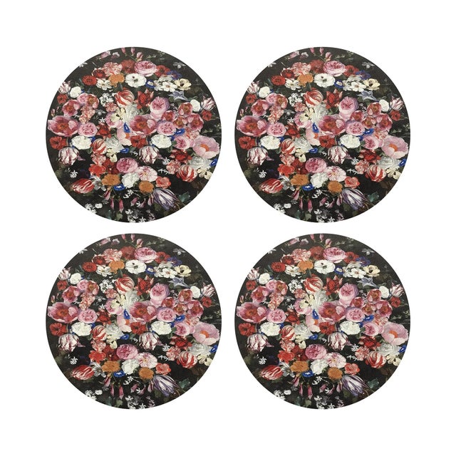 Festoon Flowers Vegan Leather Round Pebble Placemat, Set of 12 For Sale - Image 4 of 5