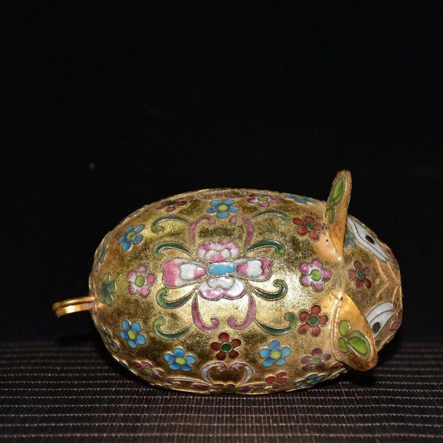 Gilt Cloisonne Pig Figurine, Hand Wire Inlaid Colorful Floral Motif, Chinoiserie Table Decor For Sale - Image 9 of 9