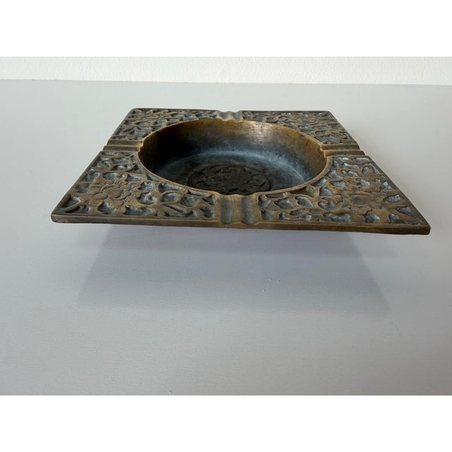 Vintage Solid Brass Floral Relief Square Ashtray For Sale - Image 4 of 8