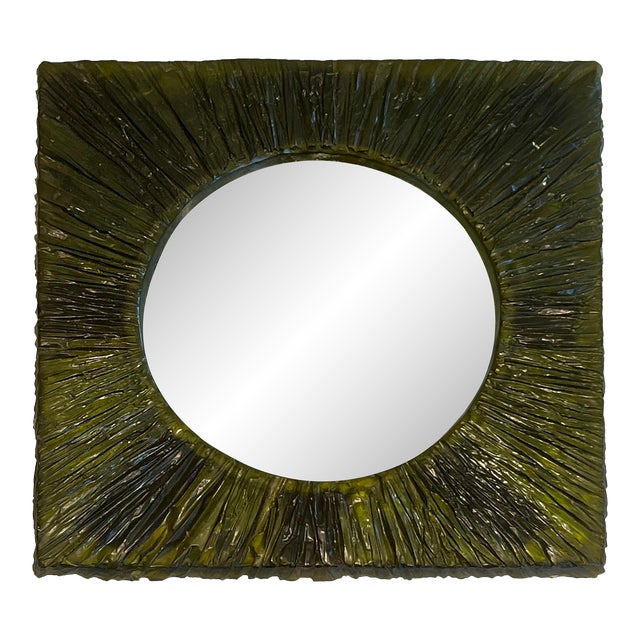 Small Mirror in Green Resin. Work in French. Circa 1970 For Sale