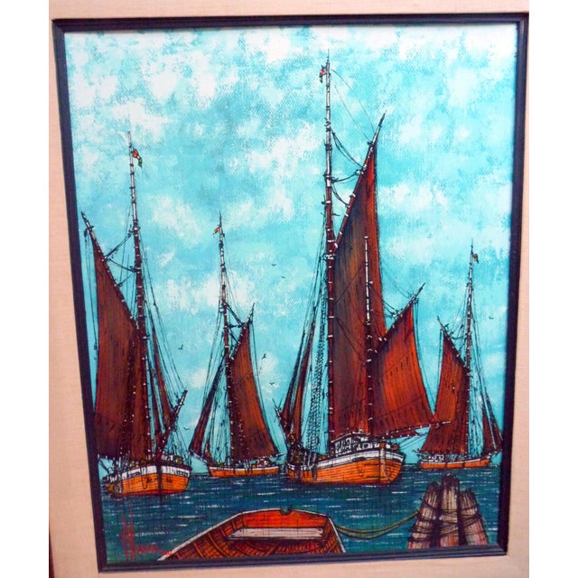 Vintage Mid-Century Modern Nautical Sailboats Oil on Panel Signed For Sale - Image 4 of 4