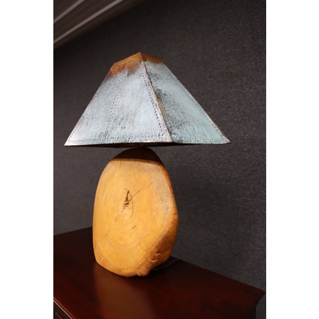 Mid-Century Modern Mid 20th Century Mid Century Modern Oversized Live Edge Wood Table Lamp With Patinated Copper Shade For Sale - Image 3 of 12