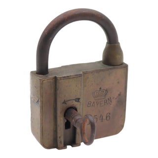 Antique Brass Bavarian Lever Padlock Lock With Key For Sale