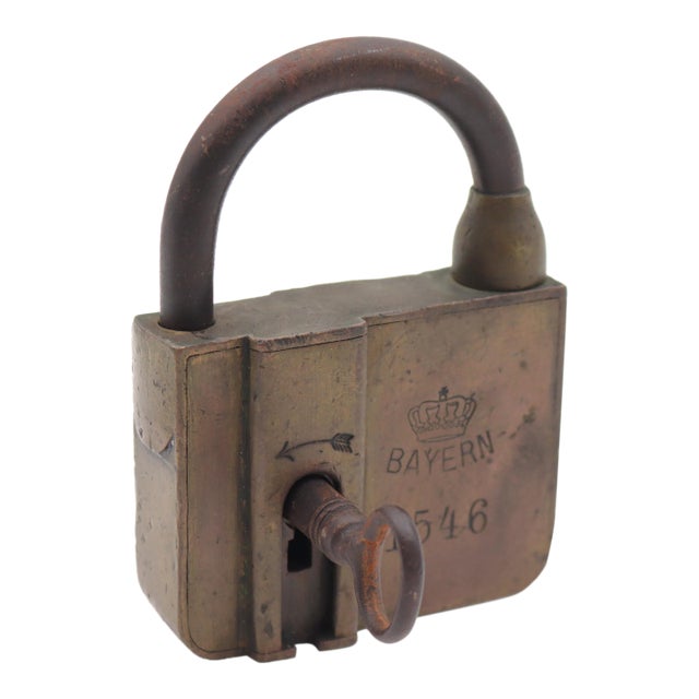 Antique Brass Bavarian Lever Padlock Lock With Key For Sale