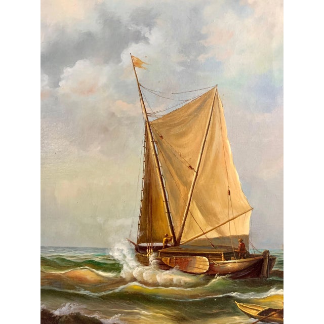 Early 20th Century Nautical Oil Painting, Boats on Fishing Trip, Signed E. Ponthier, Framed, 31"w For Sale - Image 4 of 9