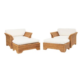 Pair of Hollywood Regency Wicker Lounge Chairs + Ottomans For Sale