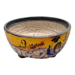 Vintage Studio Pottery Crackle-Glazed Bowl With Cobalt Decoration, Postmodern Influence For Sale