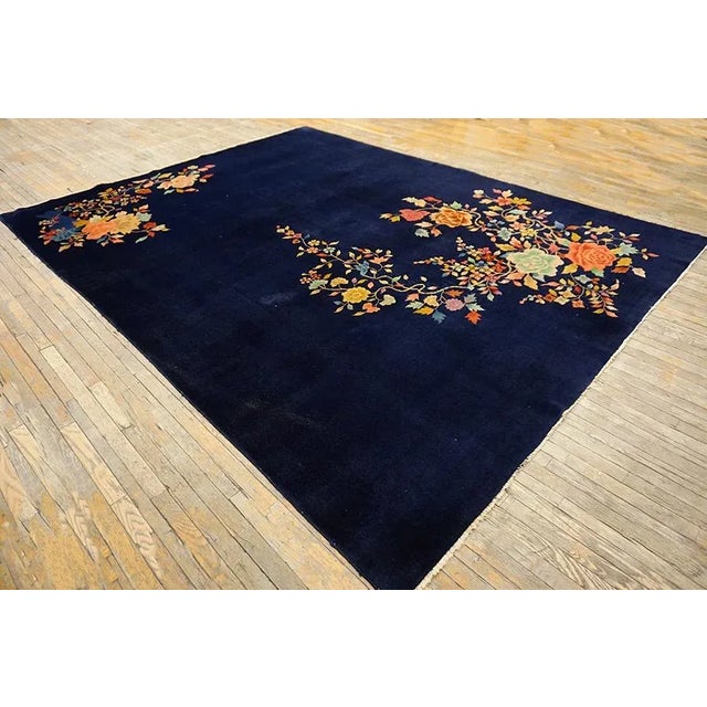 Art Deco 1930s Black Floral Spray Antique Chinese Art Deco Carpet 8'10" X 11'6" Handknotted Wool Rug For Sale - Image 3 of 13