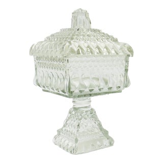 Vintage Jeannette Lidded Glass Pedestal Bowl / Wedding Box For Sale