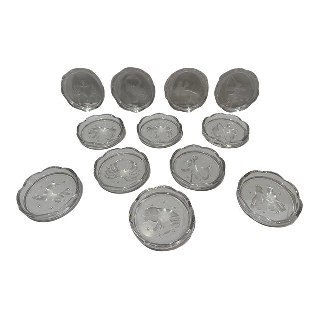 Vintage Clear Glass Zodiac Astrology Coasters With Frosted Designs - Set of 12 For Sale