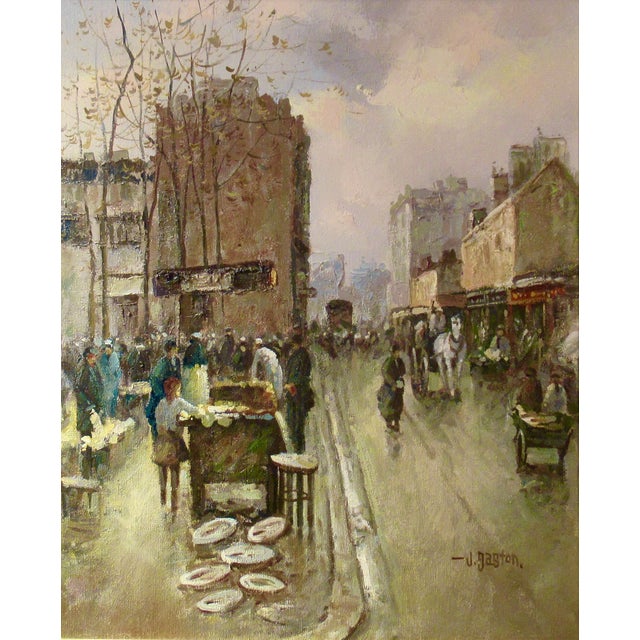 This artwork "Market in Paris in 1900" c.1990, is an oil painting on canvas by Scottish artist Johnny Gaston, b.1955. It...