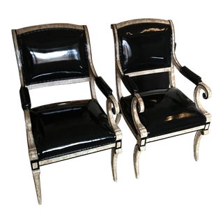Traditional Import Neoclassical Black Patent Leather Arm Chairs - Set of 2 For Sale