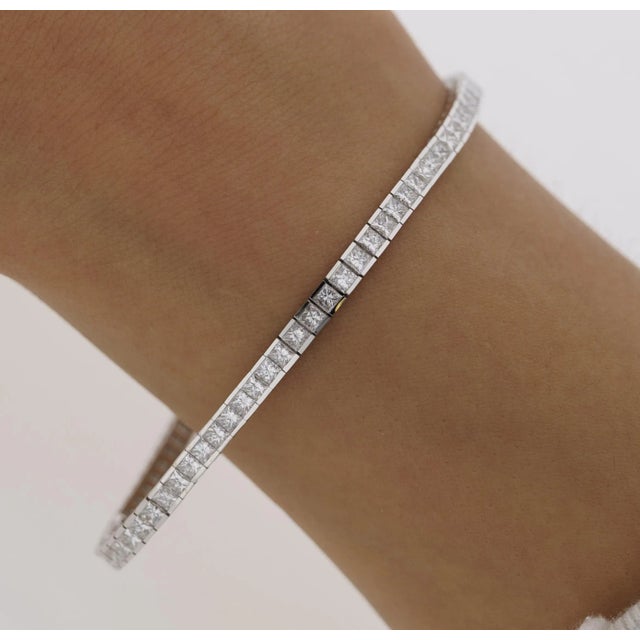 4.7 Carat Princess Cut Diamond Half Bezel Tennis Bracelet in 18K White Gold 7" For Sale - Image 4 of 5