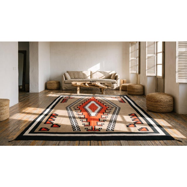 1940s Tribal Geometric Antique Native American Room Size Navajo Flatwoven Rug For Sale - Image 12 of 13