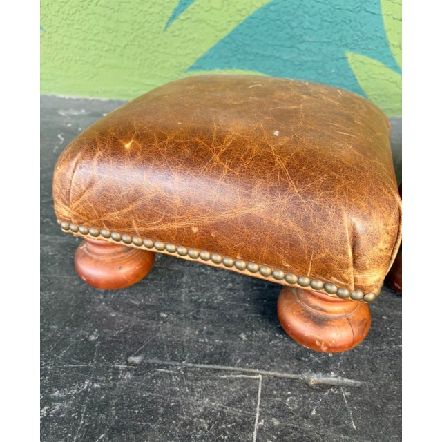 Traditional Petite Patinated Leather Footstool Pair For Sale - Image 3 of 8