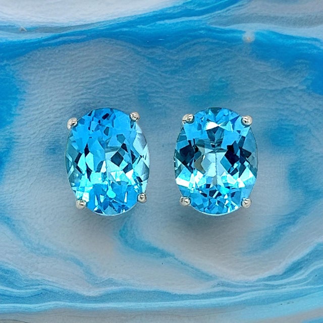 Metal Natural Blue Topaz Stud Earrings 14k White Gold 5.79 TW Certified For Sale - Image 7 of 14
