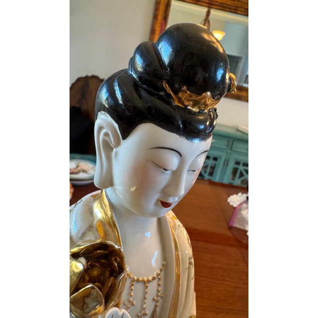 Vintage Porcelain Guanyin Statues - Quan Yin Gold Gilt L 18" Pair C1915 Rare For Sale - Image 4 of 18