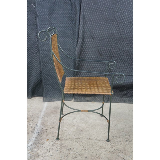 Pair Mid Century Modern Iron Wicker Patio Chairs Vintage Wrought Iron Dining Armchairs For Sale - Image 17 of 18