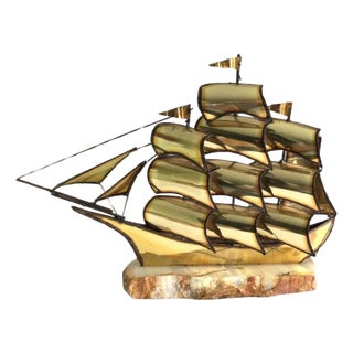 1960s Brass Ship Sculpture on Onyx Stone Base For Sale