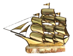 1960s Brass Ship Sculpture on Onyx Stone Base