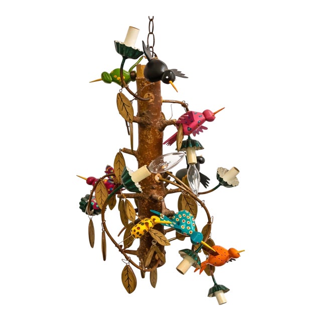 Vintage Folk Art Hummingbird Chandelier Signed Carey Handmade Wood Hanging Light For Sale