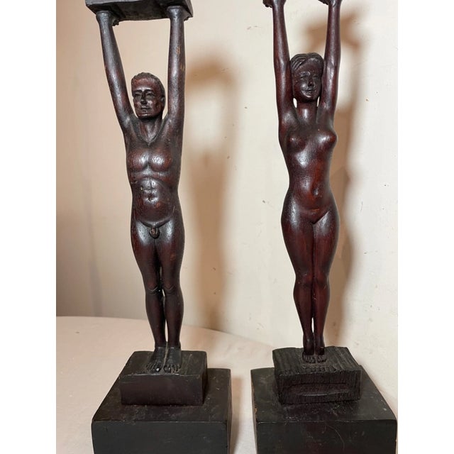 Figurative Pair of Antique Carved Newcombe Wood Nude Lady Man Sculpture Candlestick Statue For Sale - Image 3 of 16