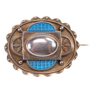 Antique Arts & Crafts Silver and Turquoise Blue Enamel Scalloped Brooch, 1880 For Sale