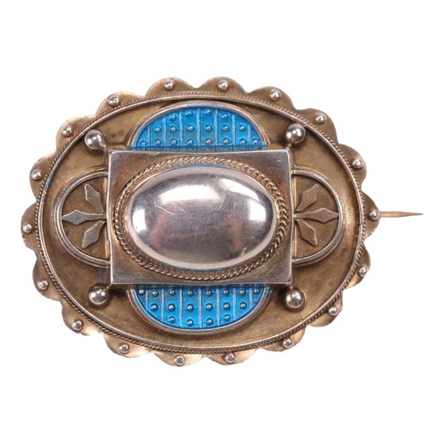 Antique Arts & Crafts Silver and Turquoise Blue Enamel Scalloped Brooch, 1880 For Sale
