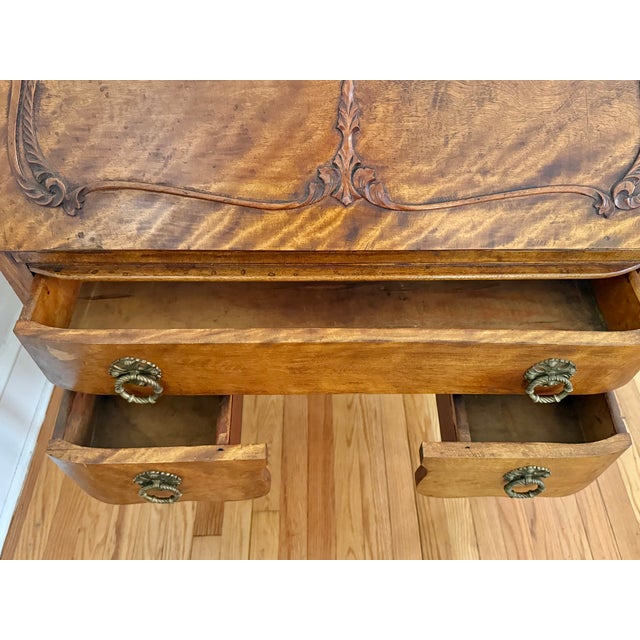 Brown Antique French Provincial Tiger Maple Slant-Front Secretary Desk For Sale - Image 8 of 13
