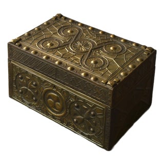 Antique Brass Panel Box With Chased + Repoussé Detailing, Circa Late 19th Century For Sale