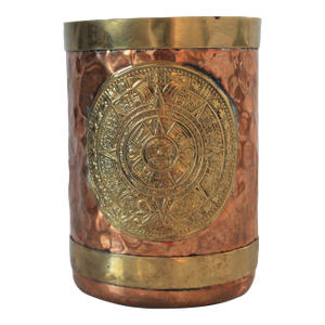 Vintage Copper and Brass Mug Featuring an Aztec Calendar Design Medallion