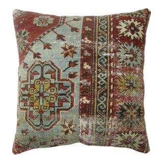 Zabihi Collection Light Gray Blue Red Worn Caucasian Rug Square Rug Pillow For Sale