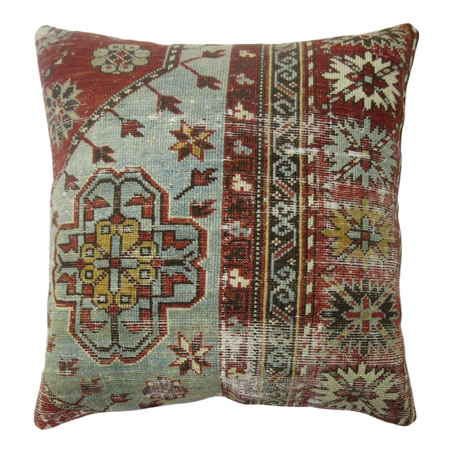 Zabihi Collection Light Gray Blue Red Worn Caucasian Rug Square Rug Pillow For Sale