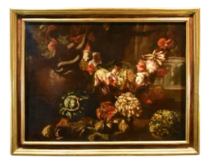 Aniello Ascione, Still Life with Flowers & Fruit, 1690, Oil on Canvas, Framed