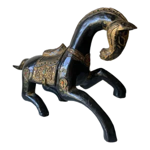 Antique Thai Polychrome, Lacquered and Bejeweled Horse Statue
