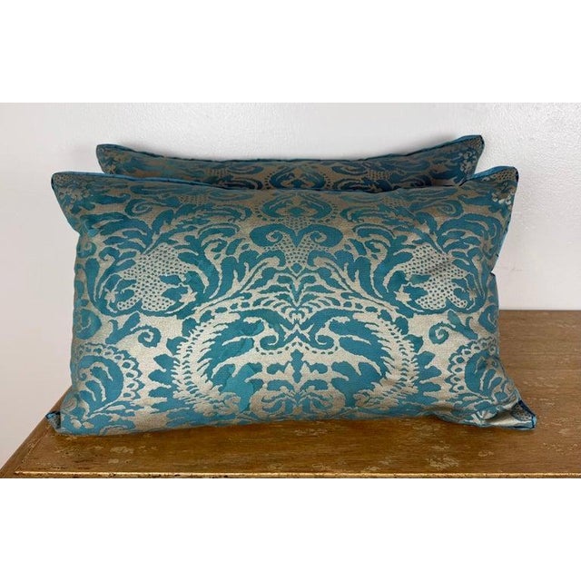 Rococo Pair of Fortuny Style Textile Pillows With Blue Silk Backs For Sale - Image 3 of 8