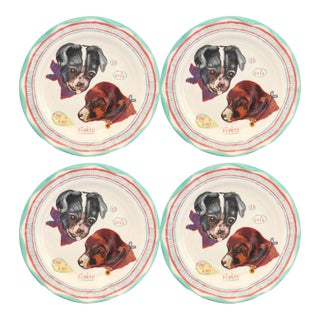 French Nathalie Lété Dinner Plates with Dogs - Set of 4 For Sale