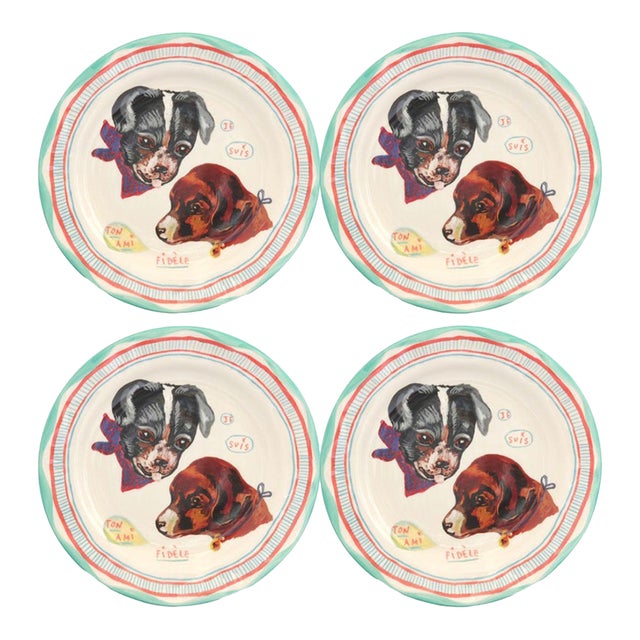 French Nathalie Lété Dinner Plates with Dogs - Set of 4 For Sale