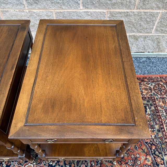1960s Vintage Hekman Traditional Regency Walnut 2 Drawer Tiered Cane Cut Side Tables - A Pair For Sale - Image 5 of 15