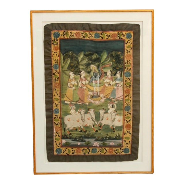 Sacred Pasture, Framed Vintage Pichwai Painting For Sale