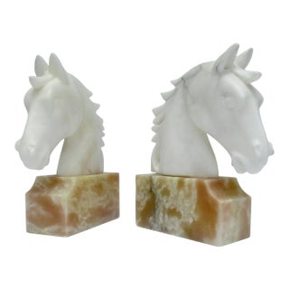 Vintage Mid-Century Modern C.1970's Italian White Carrera & Crema Marfa Marble Horse Head Bookends - a Pair For Sale