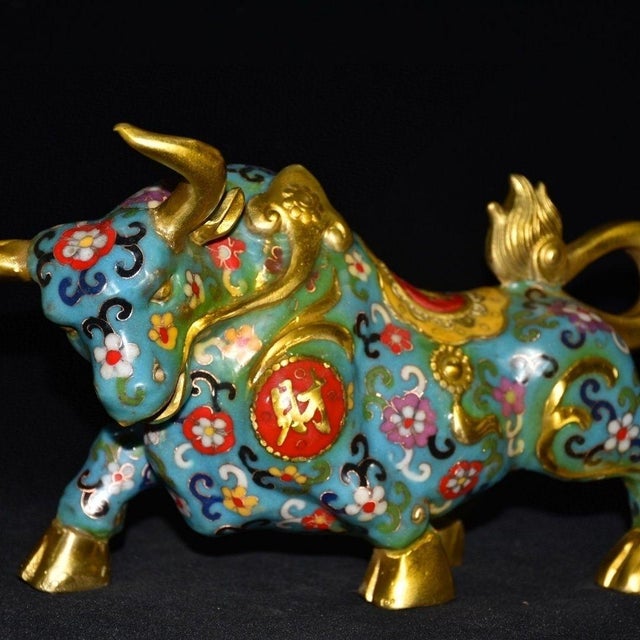 Turquoise Vintage Cloisonne Enamel Bull Figurine – 11" Gilt Ox Sculpture With Floral Motif For Sale - Image 8 of 18