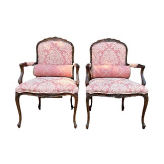 21st Century Ethan Allen Louis XV Pink Damask Arm Chairs With Bolster Pillows - a Pair For Sale