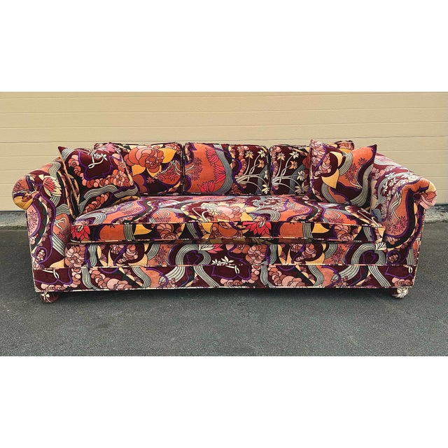 This Jack Lenor Larsen fabric sofa is in the rare psychedelic Jezebel velvet fabric. The sofa has a bench seat cushion and...