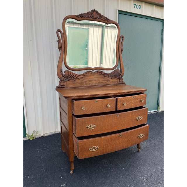 Early American Tiger Oak Dresser With Carved Swan Mirror For Sale - Image 9 of 12
